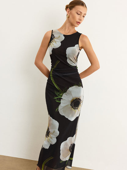 Şeffaf Çiçek Desenli Uzun Elbise