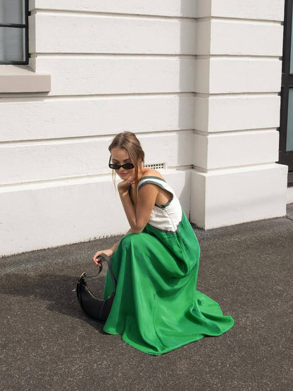 Saten Kontrast Kesim Uzun Elbise