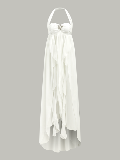 Yarı Şeffaf Halter Volanlı Sırtı Açık Uzun Elbise