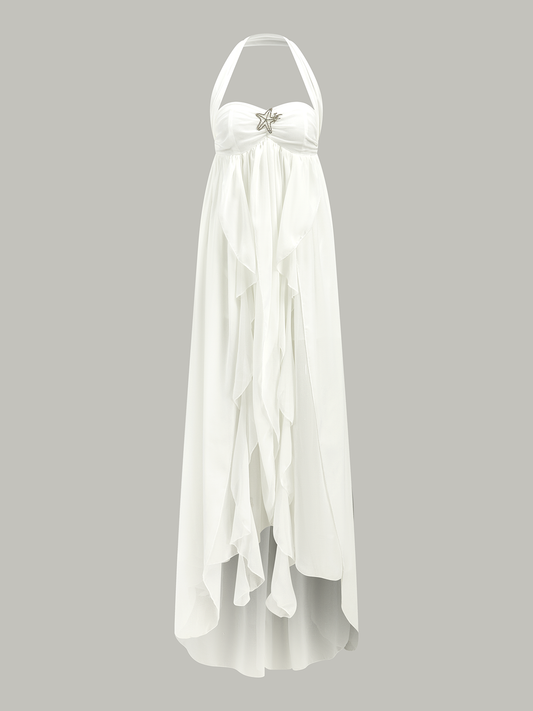 Yarı Şeffaf Halter Volanlı Sırtı Açık Uzun Elbise