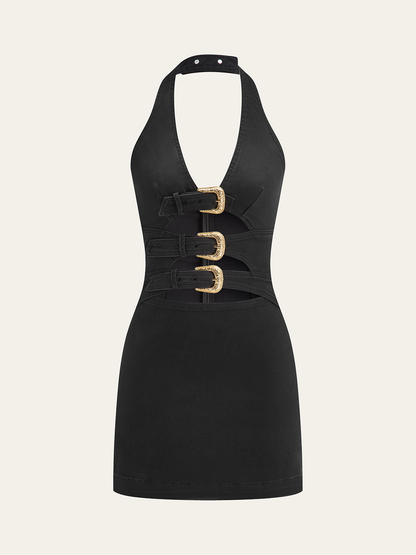 Halter Yaka Toka Detaylı Kot Elbise