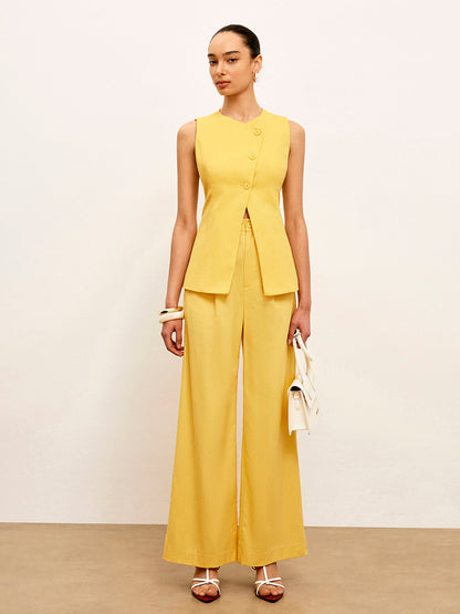 Keten ve Pamuklu Asimetrik Düğmeli Kolsuz Yelek