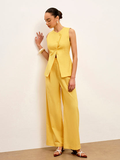 Keten ve Pamuklu Asimetrik Düğmeli Kolsuz Yelek