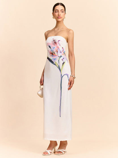 Straplez Çiçek Desenli Uzun Elbise