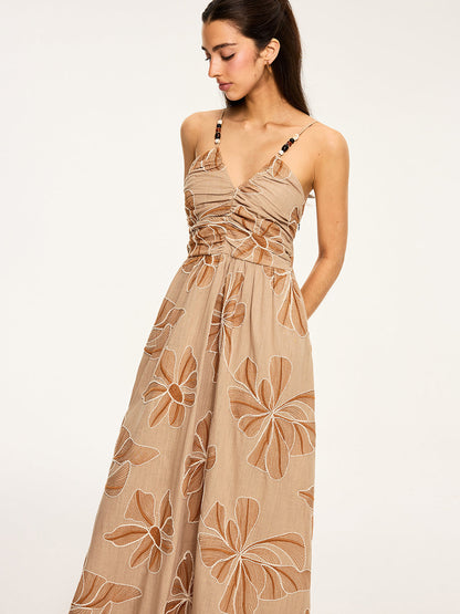 Çiçek Desenli Sırtı Açık Uzun Elbise