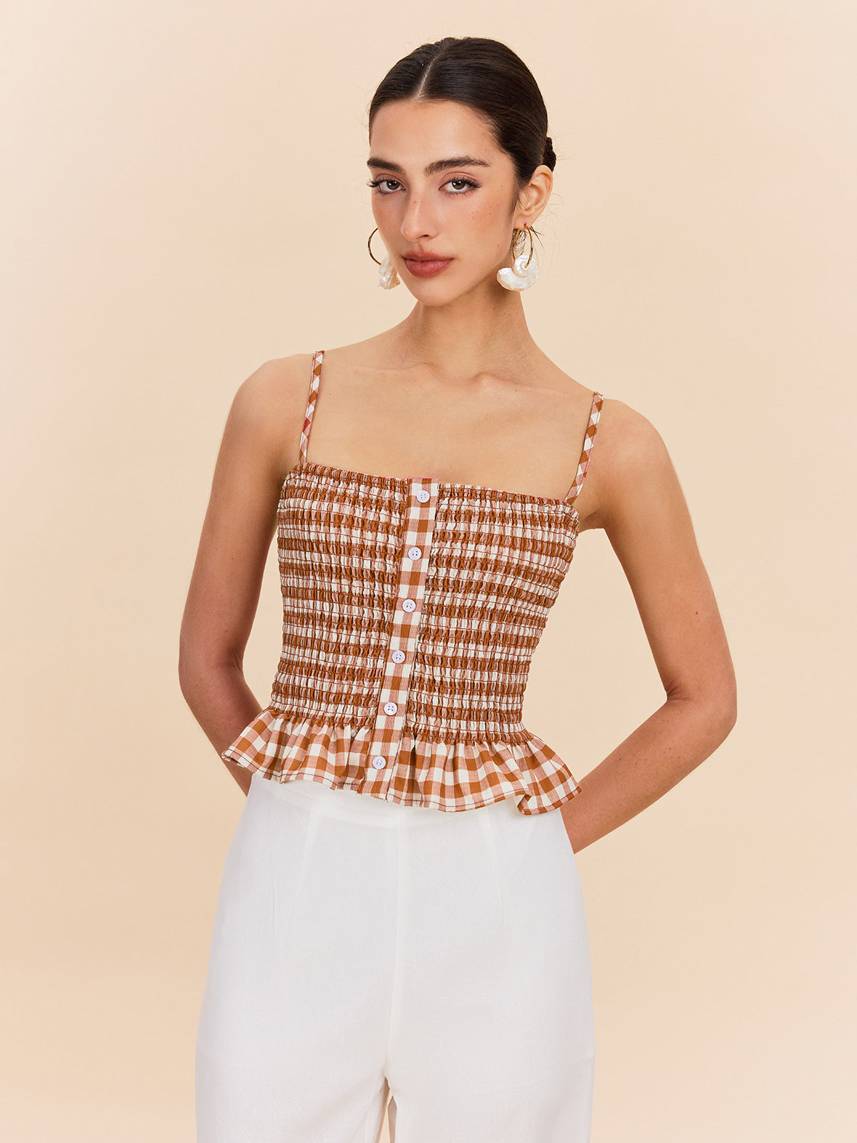 Gingham Smokinli Peplum Atlet Üst