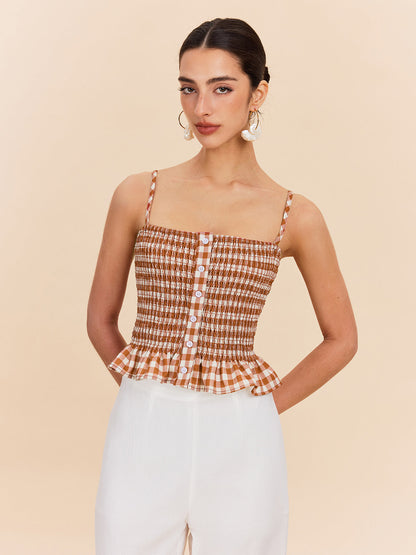 Gingham Smokinli Peplum Atlet Üst