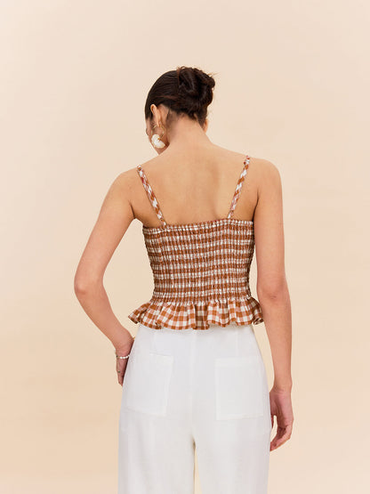 Gingham Smokinli Peplum Atlet Üst