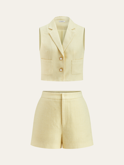 İnci Düğmeli Tweed Yelek ve Şort Takımı