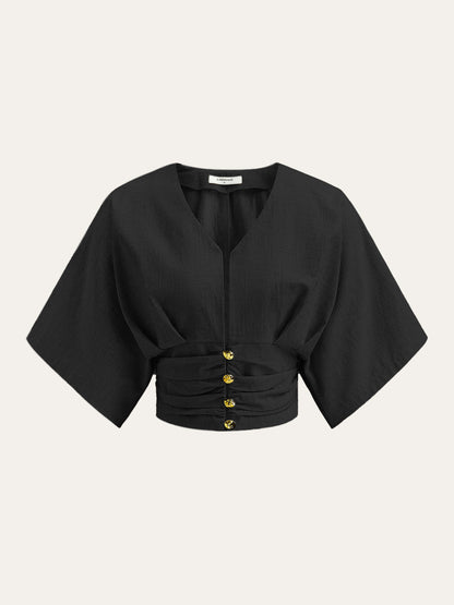 Pamuk ve Keten Kimono Kol Düğmeli Üst