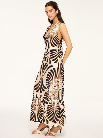 Baskılı Halter Sırtı Açık Uzun Elbise