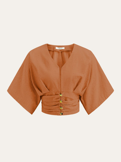 Pamuk ve Keten Kimono Kol Düğmeli Üst