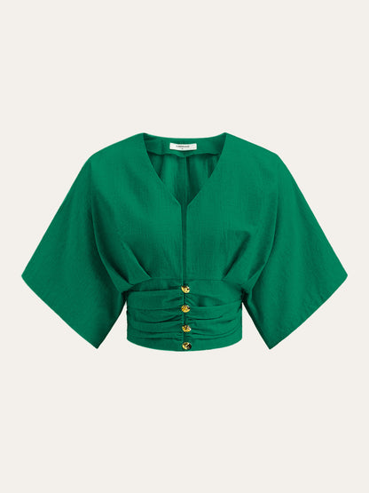 Pamuk ve Keten Kimono Kol Düğmeli Üst