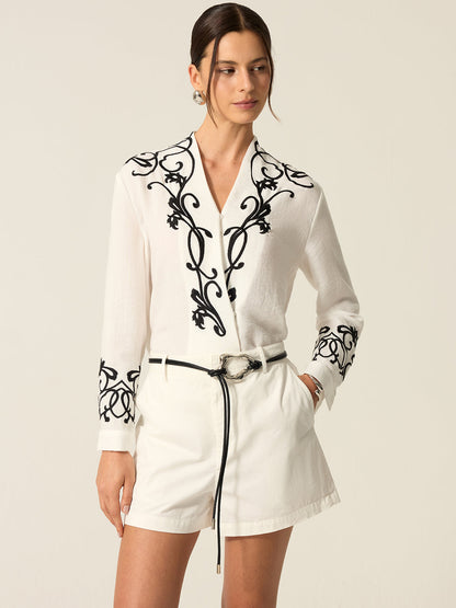 İşlemeli Pamuk ve Keten Bluz