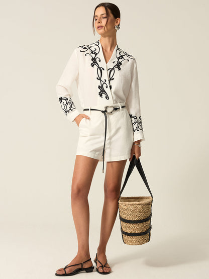 İşlemeli Pamuk ve Keten Bluz