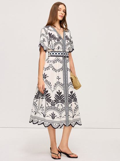 Boho Çiçekli V Yaka Midi Elbise