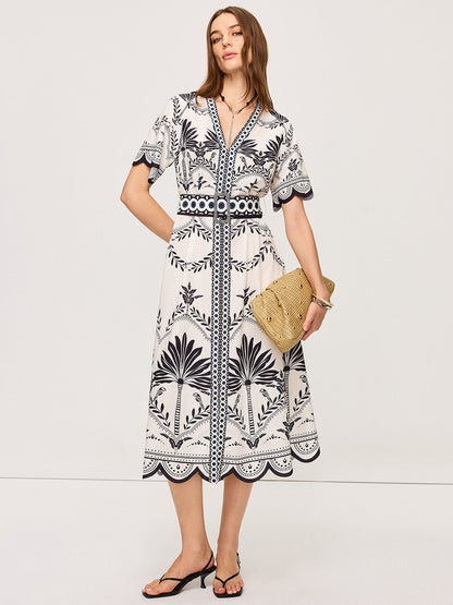 Boho Çiçekli V Yaka Midi Elbise