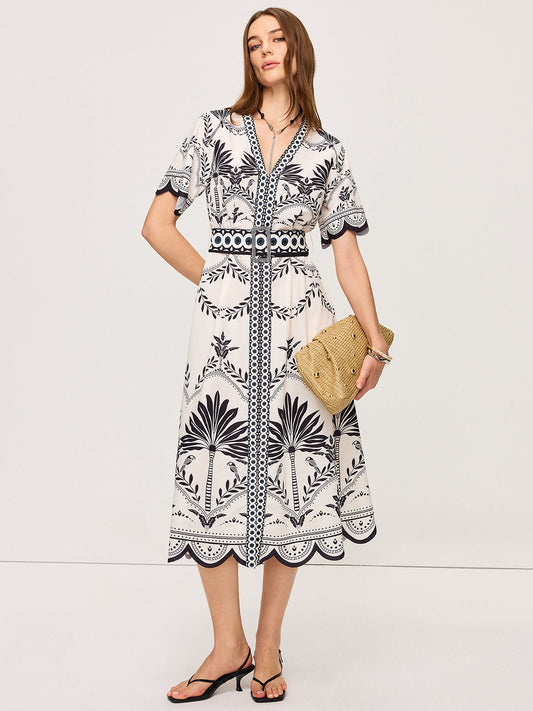 Boho Çiçekli V Yaka Midi Elbise