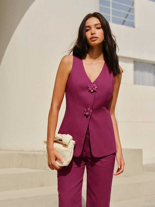 Çiçekli Düğmeli Kolsuz V Yaka Pantolon Takımı