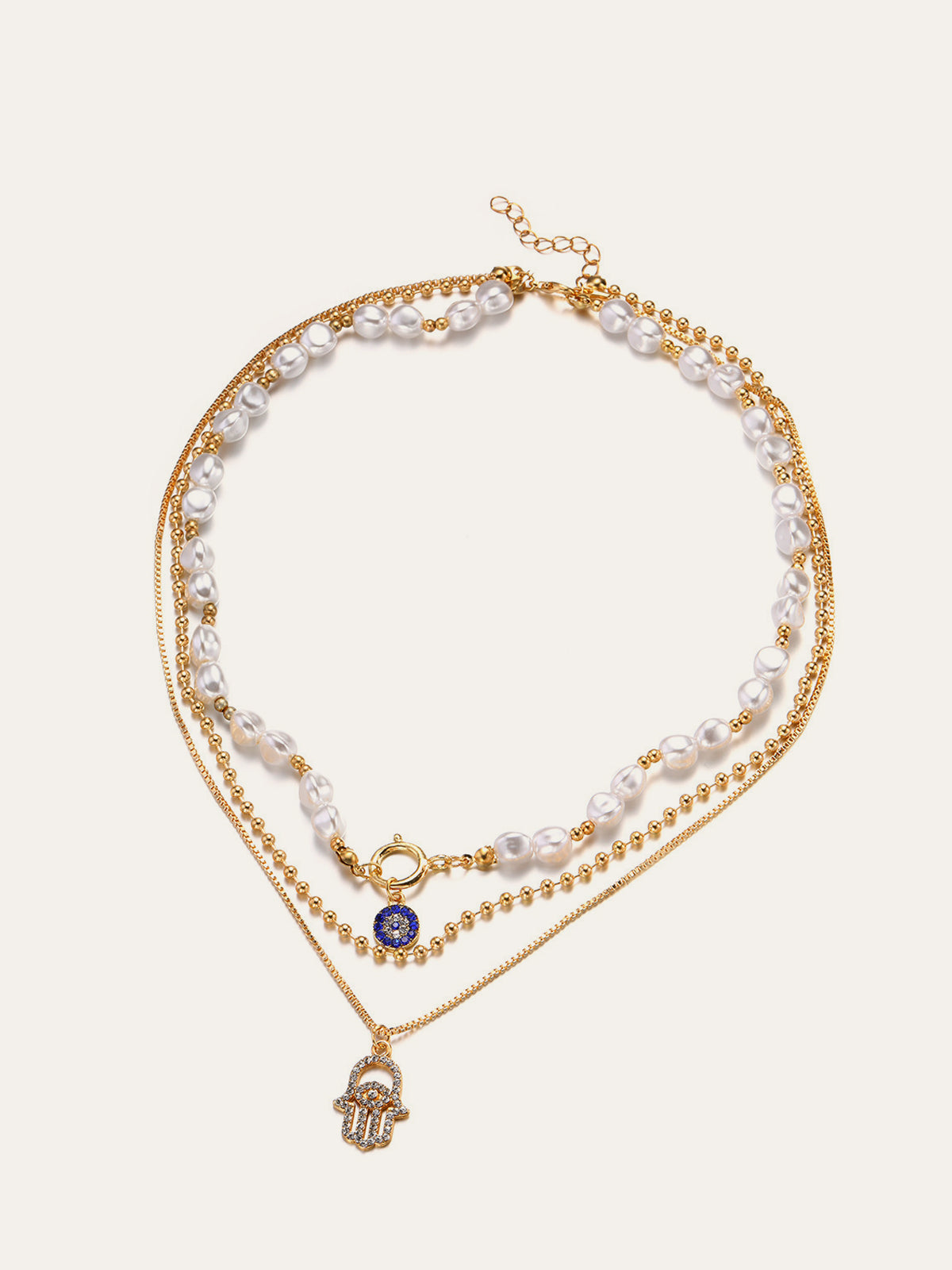 İnci ve Hamsa Eli Çok Katmanlı Kolye Seti
