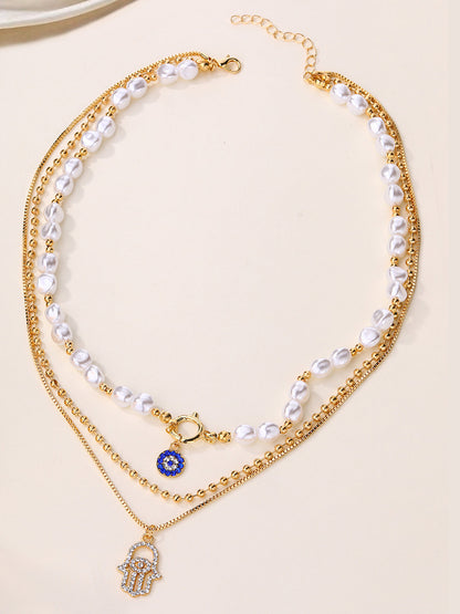 İnci ve Hamsa Eli Çok Katmanlı Kolye Seti