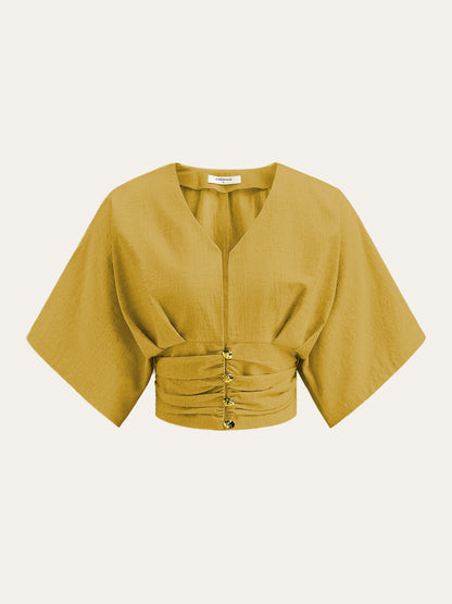 Pamuk ve Keten Kimono Kol Düğmeli Üst