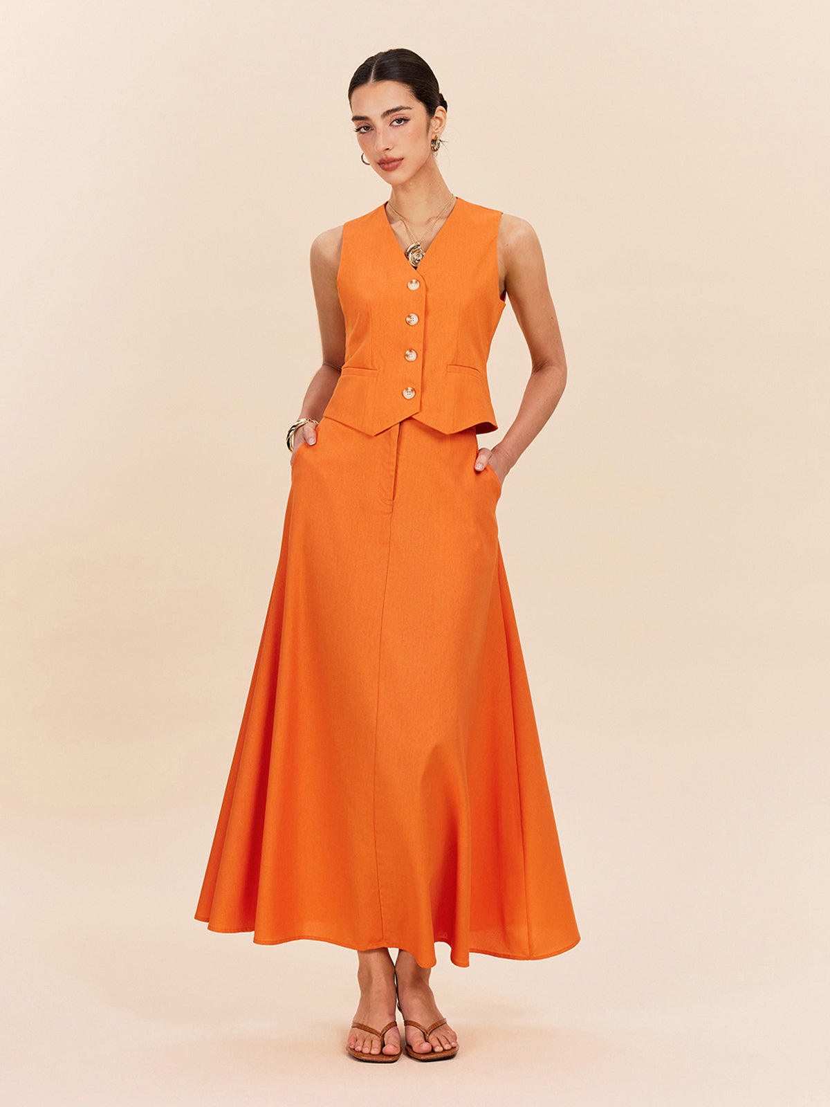 Pamuk ve Keten Cep Detaylı Etek Takımı