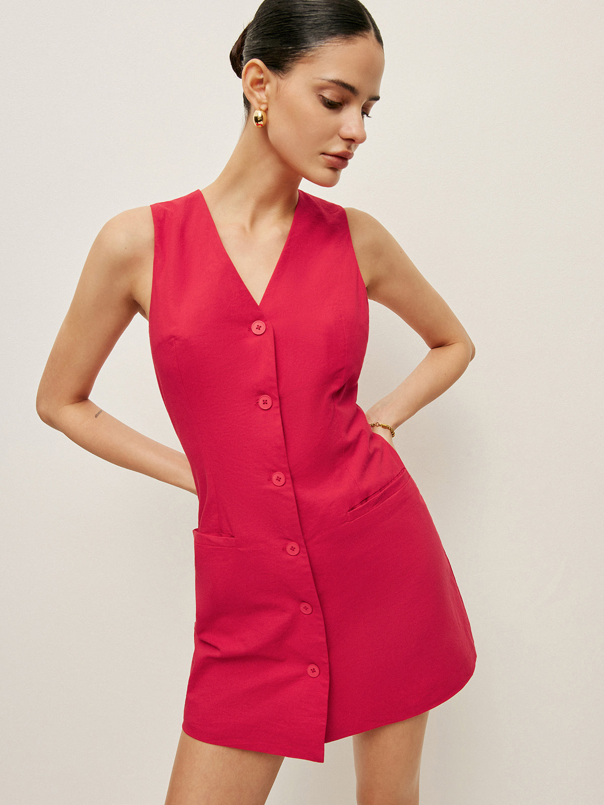 Pamuklu Düğmeli Cepli Elbise