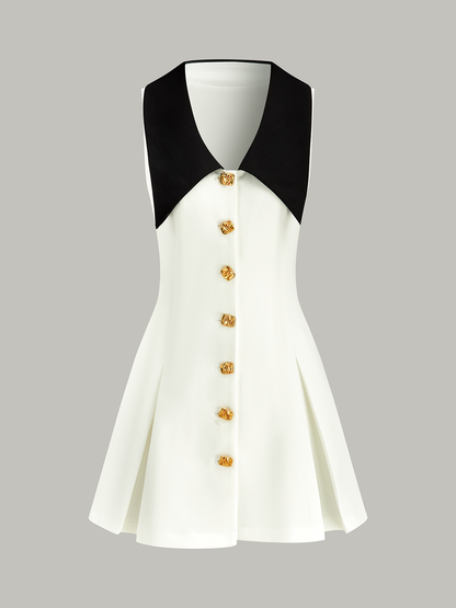 Altın Düğmeli Renk Bloklu Midi Elbise