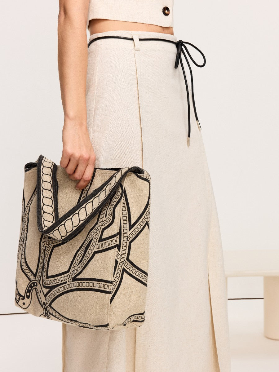 Zincir Baskılı Keten ve Pamuklu Tote Çanta