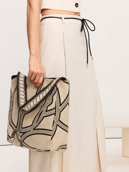 Zincir Baskılı Keten ve Pamuklu Tote Çanta