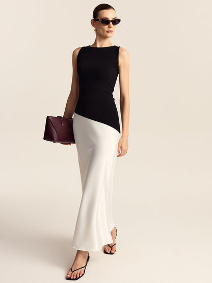 Asimetrik Etek Ucu Tekne Yaka Kolsuz Örgü Üst