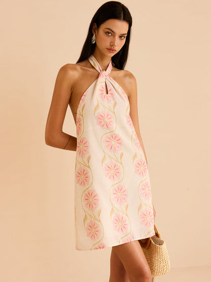Halter Yaka Çiçek Desenli Mini Elbise