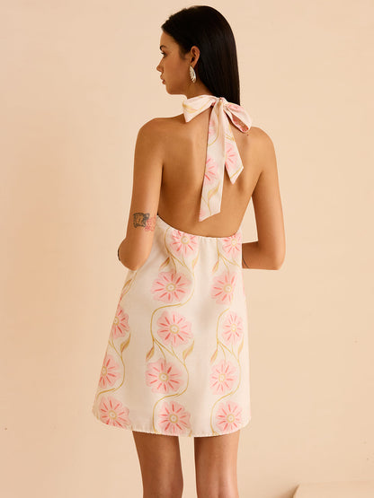 Halter Yaka Çiçek Desenli Mini Elbise