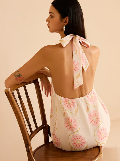 Halter Yaka Çiçek Desenli Mini Elbise