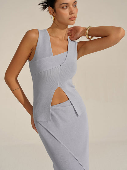 Asimetrik Yırtmaçlı Örme Etek Takımı