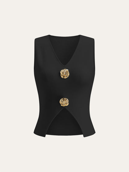 Metal Detaylı V Yakalı Yırtıklı Kazak Yelek