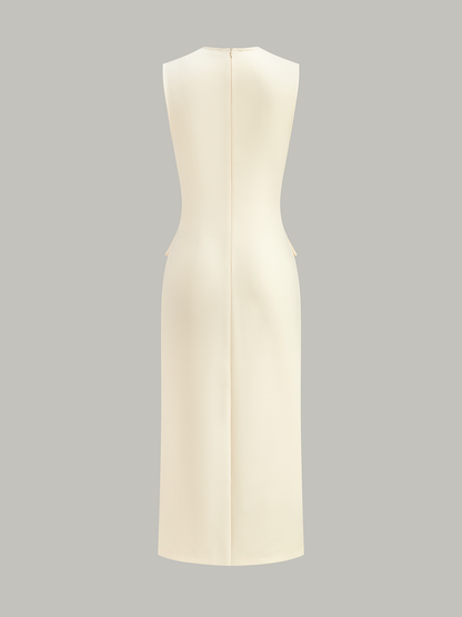 Önü Düğmeli Kemerli Uzun Elbise