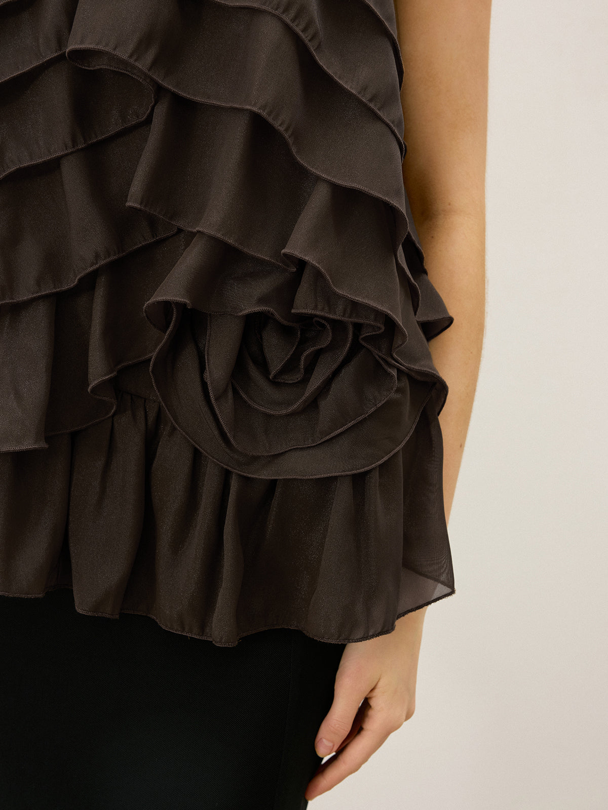 3D Çiçekli Katlı Volanlı Şifon Askılı Üst