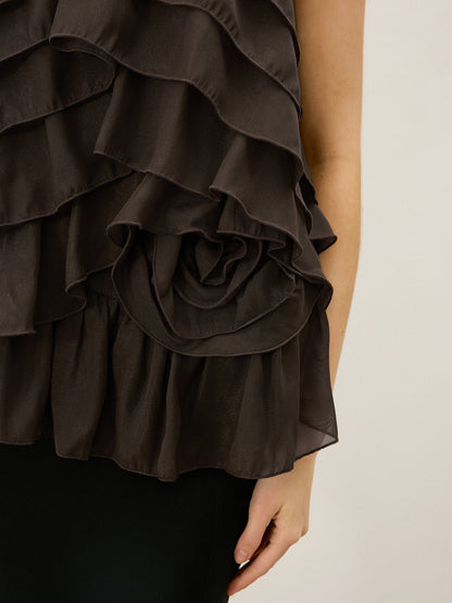 3D Çiçekli Katlı Volanlı Şifon Askılı Üst