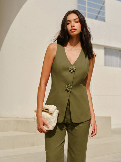 Çiçekli Düğmeli Kolsuz V Yaka Pantolon Takımı