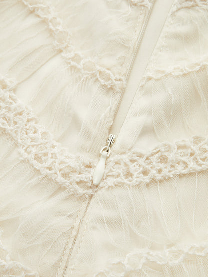 Yarı Şeffaf Dokulu Kumaş Panelli Tül Elbise