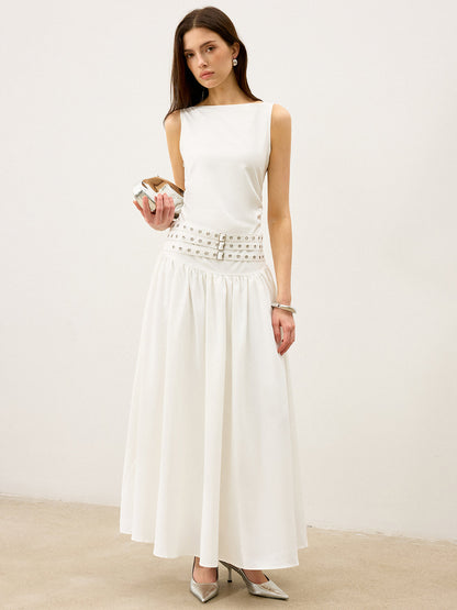 Tekne Yaka Çok Kemerli Düşük Bel Uzun Elbise