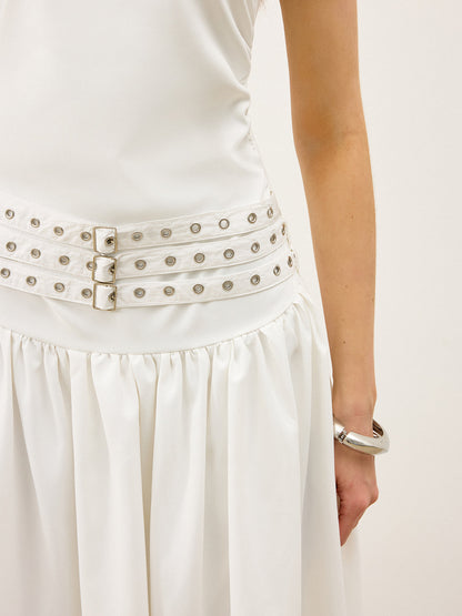 Tekne Yaka Çok Kemerli Düşük Bel Uzun Elbise