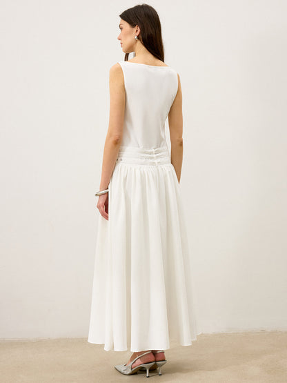 Tekne Yaka Çok Kemerli Düşük Bel Uzun Elbise