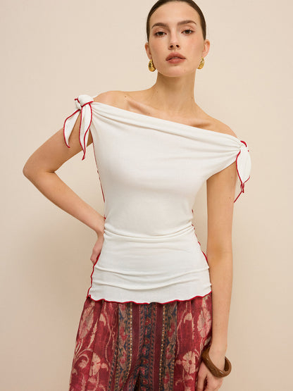 Omuz Açık Kontrast Kesim Düğümlü Üst