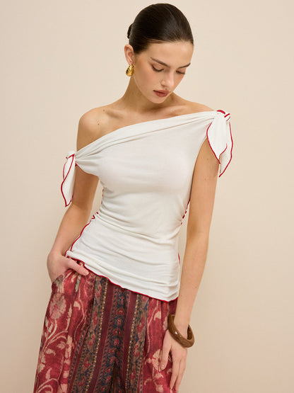 Omuz Açık Kontrast Kesim Düğümlü Üst