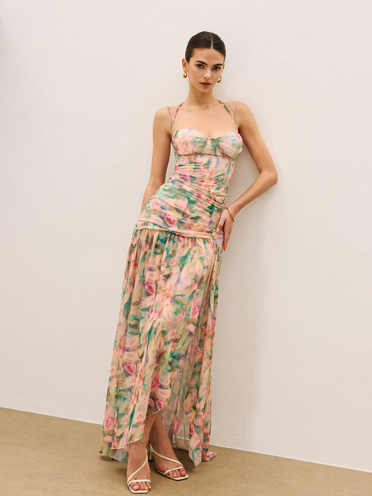 Yüksek Yırtmaçlı Çiçek Desenli Büzgülü Askılı Elbise