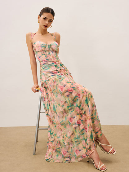 Yüksek Yırtmaçlı Çiçek Desenli Büzgülü Askılı Elbise