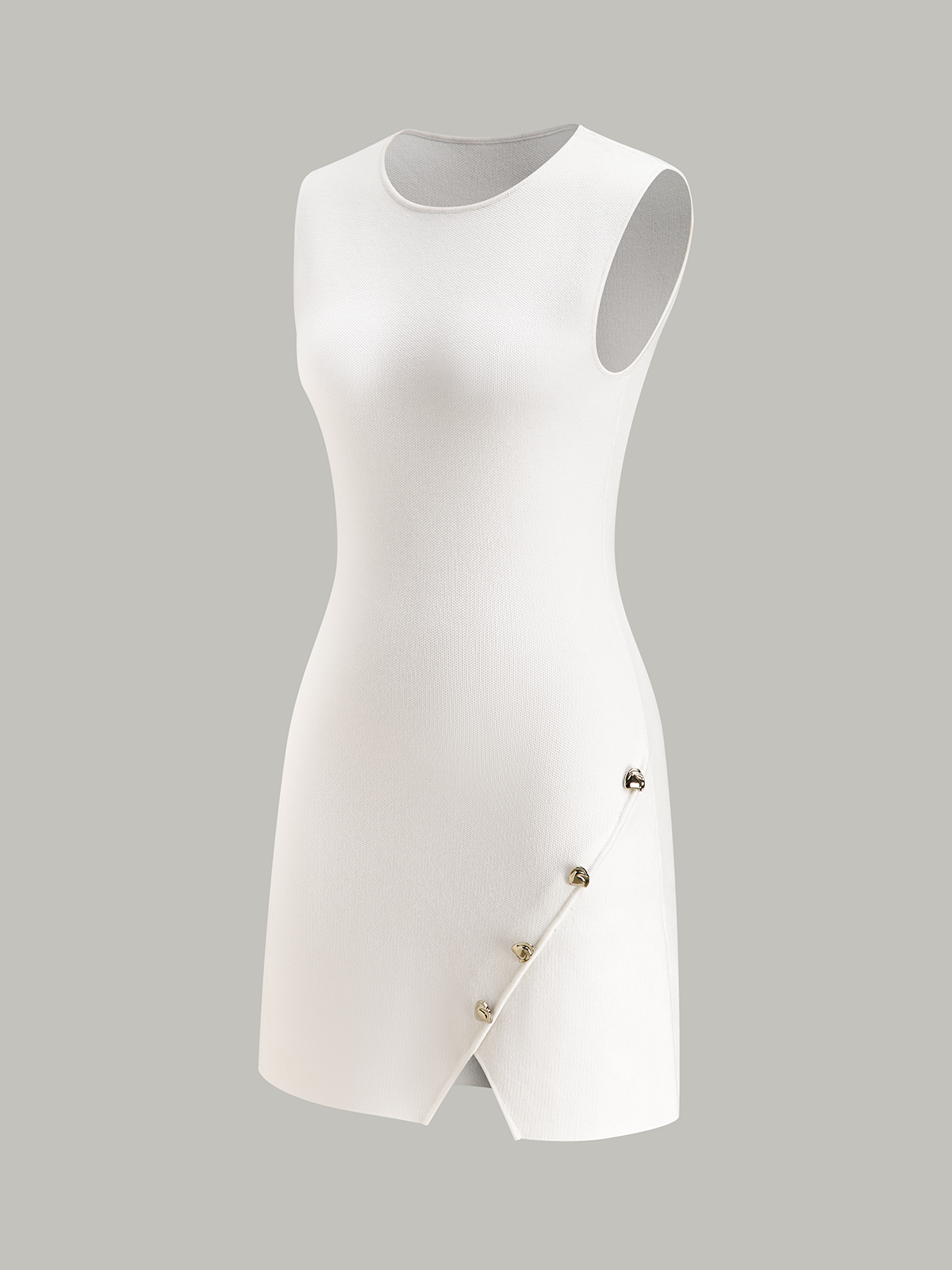 Metal Dekorlu Kolsuz Yırtmaçlı Mini Elbise